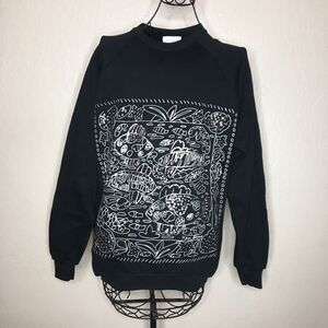 Vintage Ken Done Black Silver Glitter Fish Sketchbook Hooded Sweatshirt